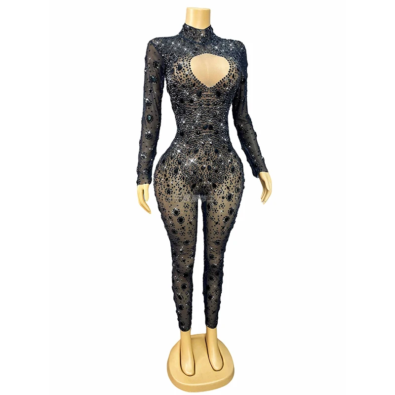 Błyszczący kombinezon taneczny z dżetami, czarny kombinezon z długim rękawem, strój do klubu nocnego Gogo, odzież taneczna Ds, strój sceniczny dla piosenkarki VDL3733