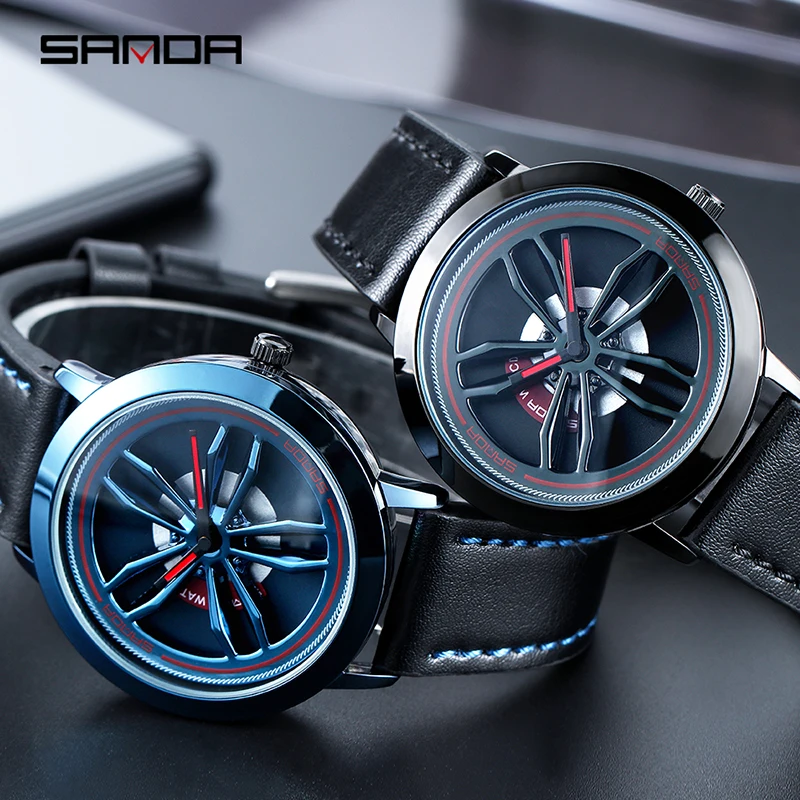 SANDA P1010 Concept Dial Modeified Car Watch for Men Wheel Hub Rotating Quartz Wristwatch Fashion Sports Male Clock Reloj Hombre