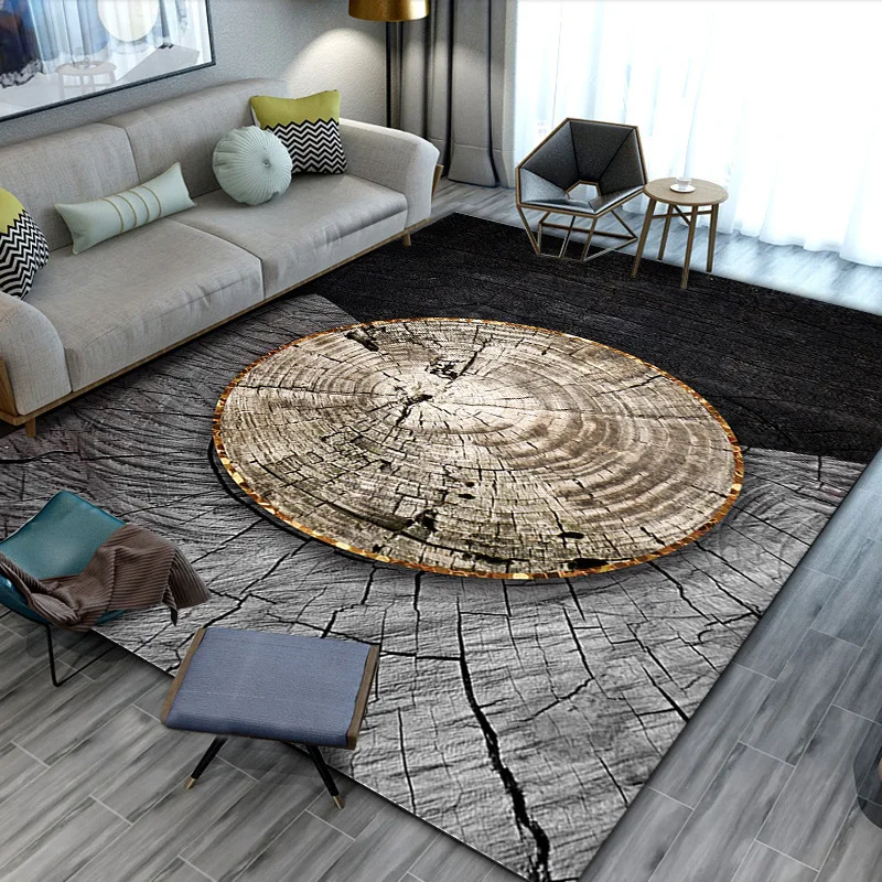 Minimalist Wood Slice Print Rug Non-Slip Decorative Floor Mat Grey & Black Tree Ring Carpet for Living Room Home Decoration