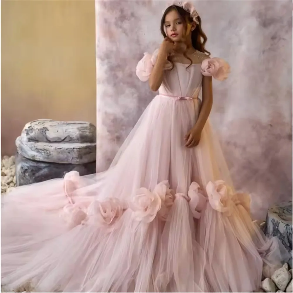 

Lovely Flower Girl Wedding Dress Floral Bow Baby Girl's Birthday Party Gown Customized Beaded Princess First Communion Gown