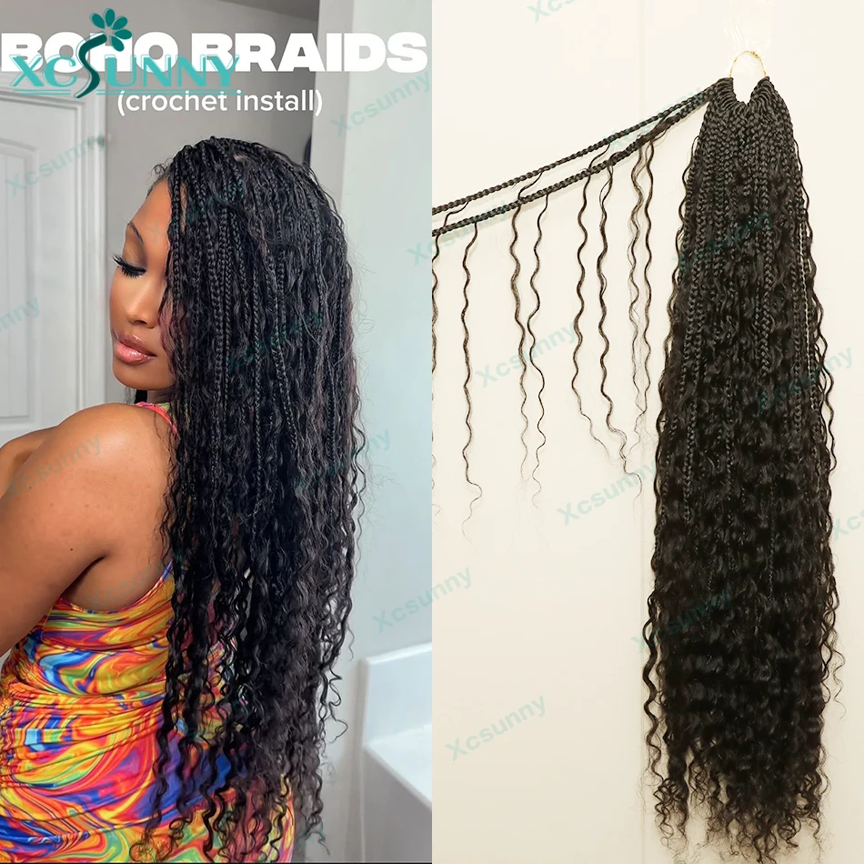 Trecce a scatola all'uncinetto Boho con riccioli di capelli umani Trecce a scatola Boho a onde profonde pre-loop all'uncinetto per capelli umani per le donne