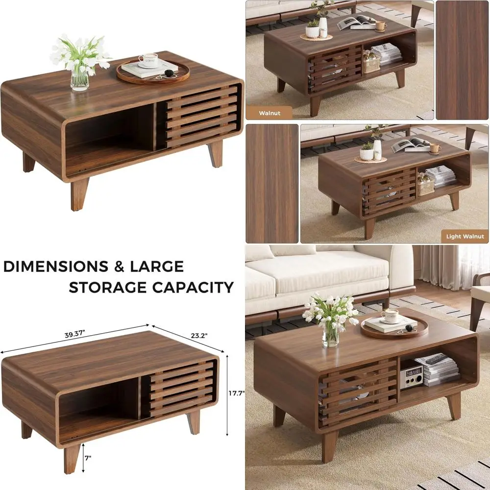 

Журнальный столик из светлого ореха с раздвижной дверцей и открытыми полками для гостиной