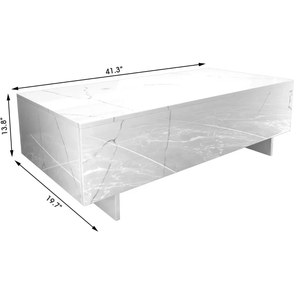 41" Marble White Cool Coffee Table for Living Room,Rectangular Glossy Smart Contemporary Center Table for Waiting Area