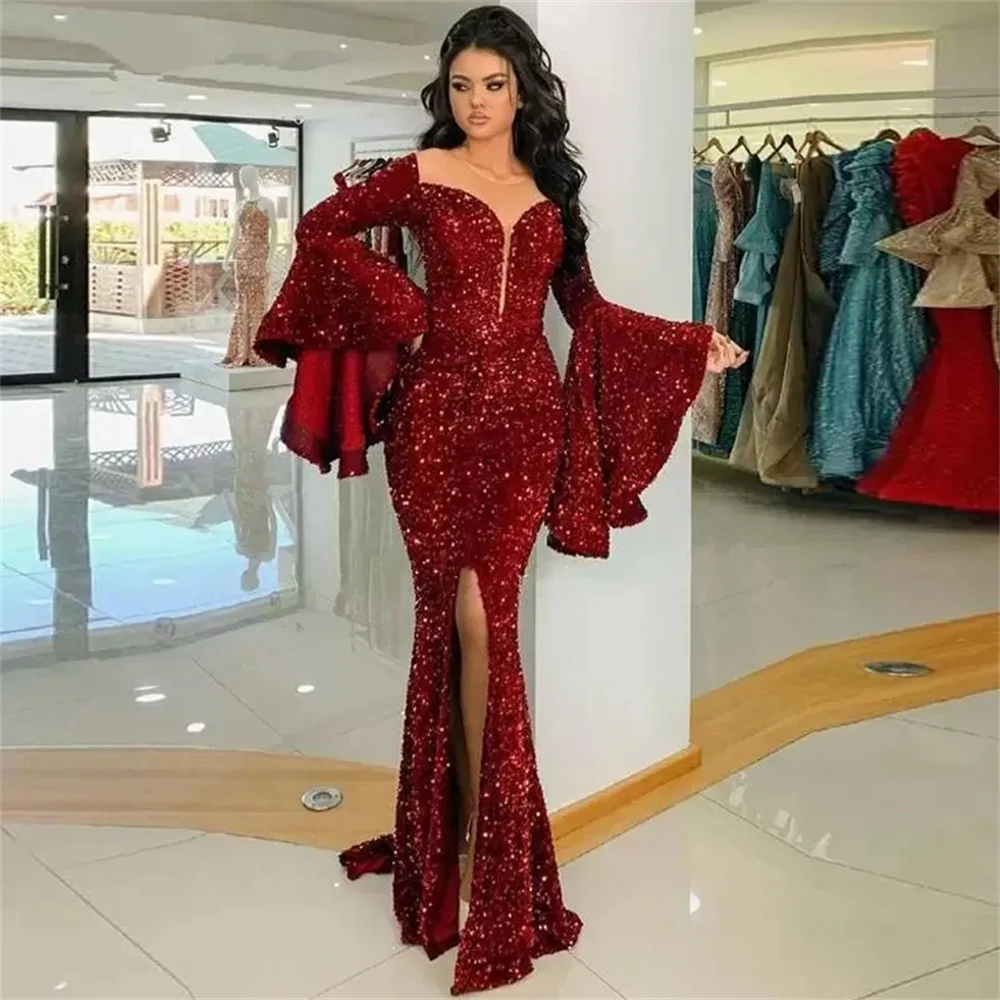 

Sequins Arabic Burgundy Evening Dresses Mermaid Flare Sleeve Sexy Split Slit Sweep Train Formal Prom Party Gowns Custom Made