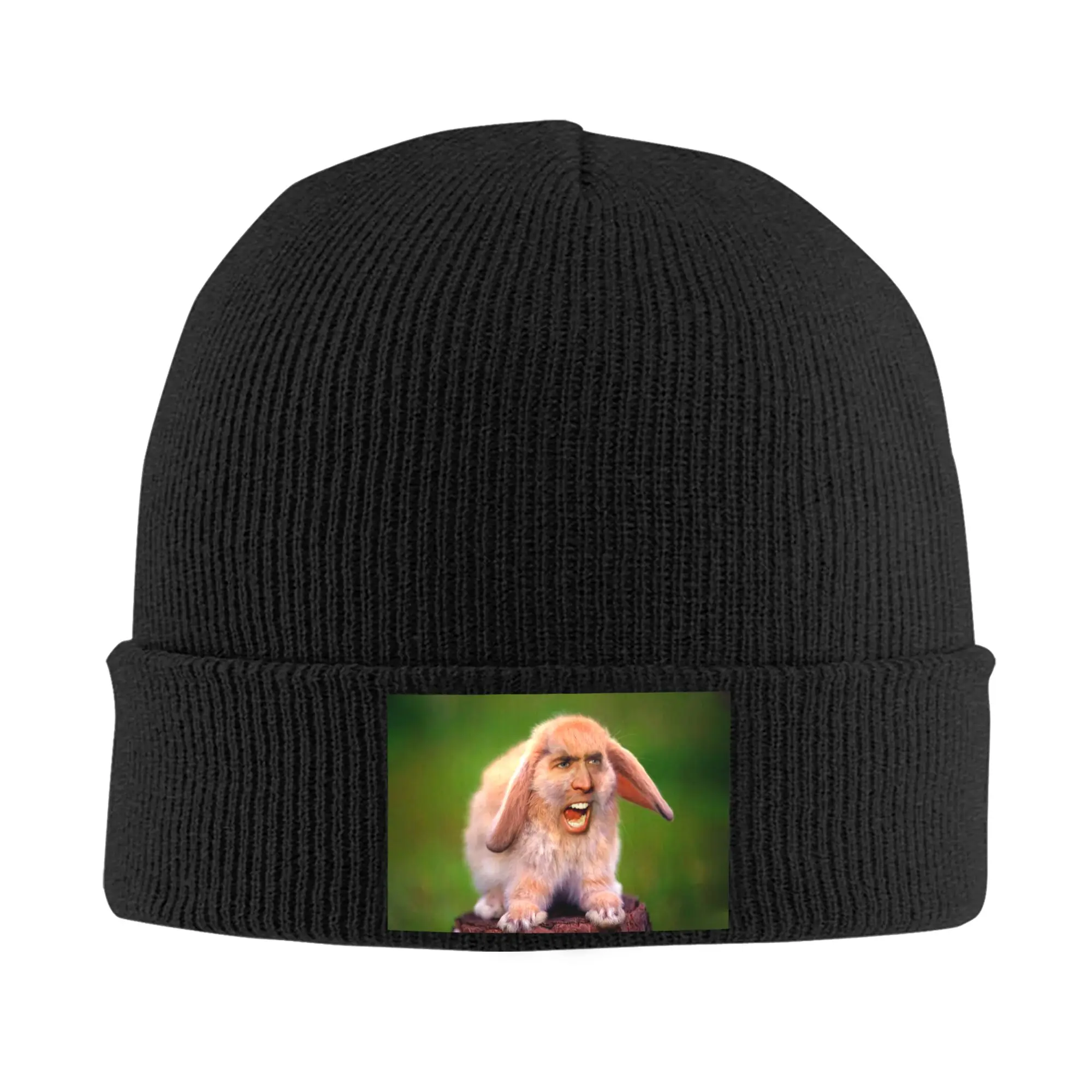 Custom Funny Nicolas Cage Rabbit Meme Skullies Beanies Caps Streetwear Winter Warm Women Men Knit Hat Unisex Adult  Bonnet Hat