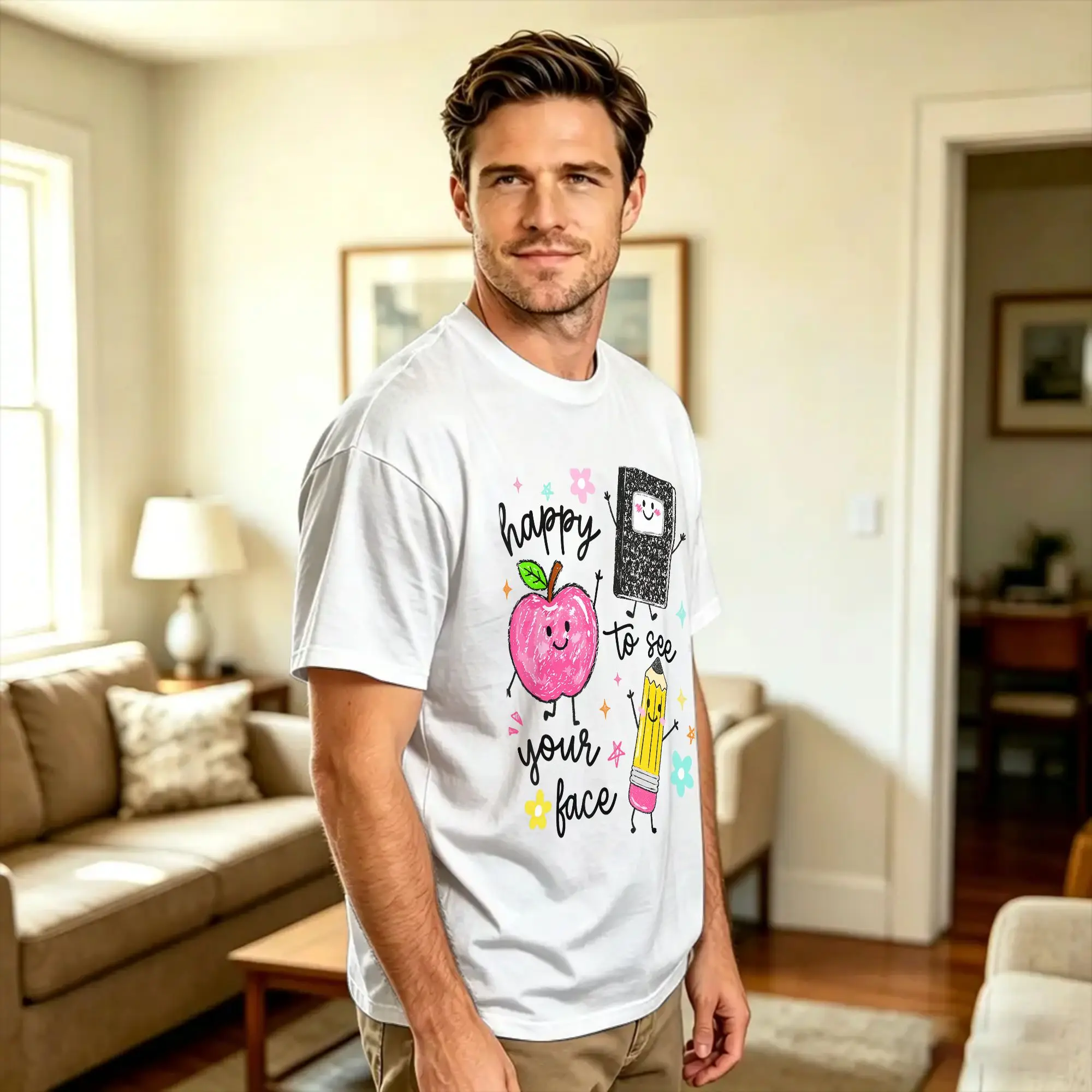 Streetwear T Shirt Happy to See Your Face Teacher School Supplies 100 Cotton T Shirts  Popular Tee Shirt Short Sleeve Top Tees,