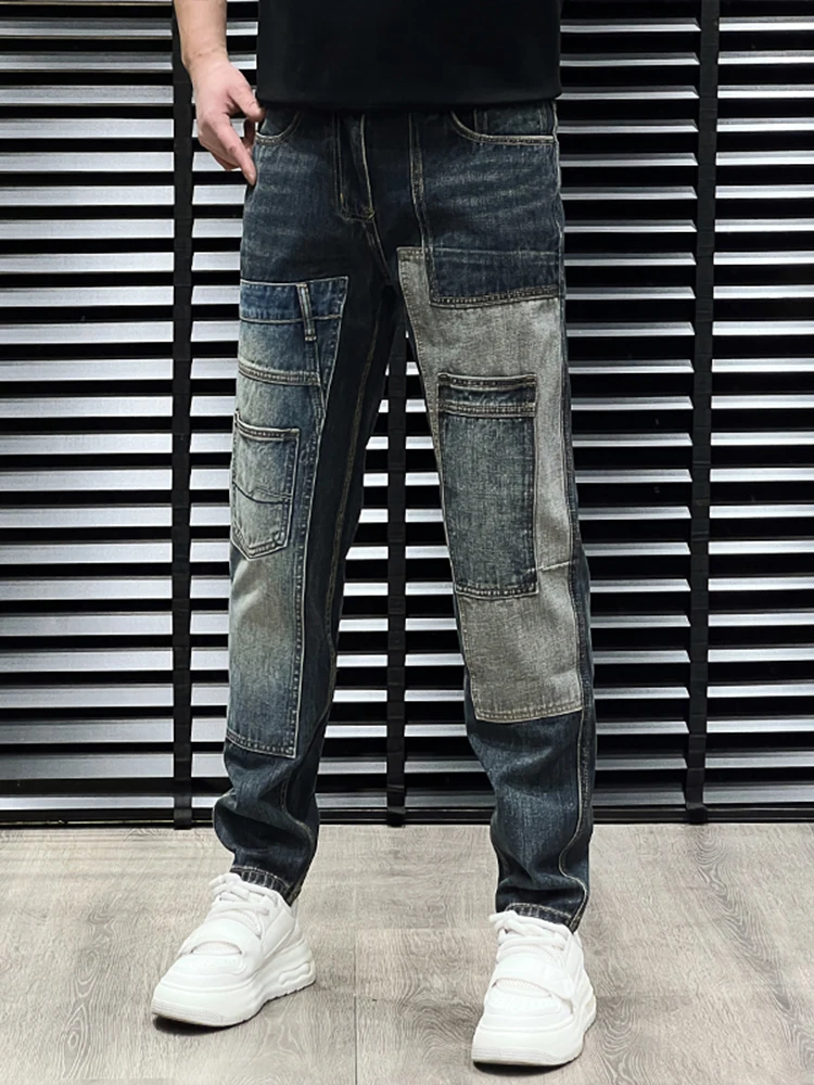 

Модные мужские джинсы в стиле пэчворк с цветными вставками, свободного прямого кроя, повседневные, удобные, прочные, стильные, молодежные, со средней посадкой, на молнии