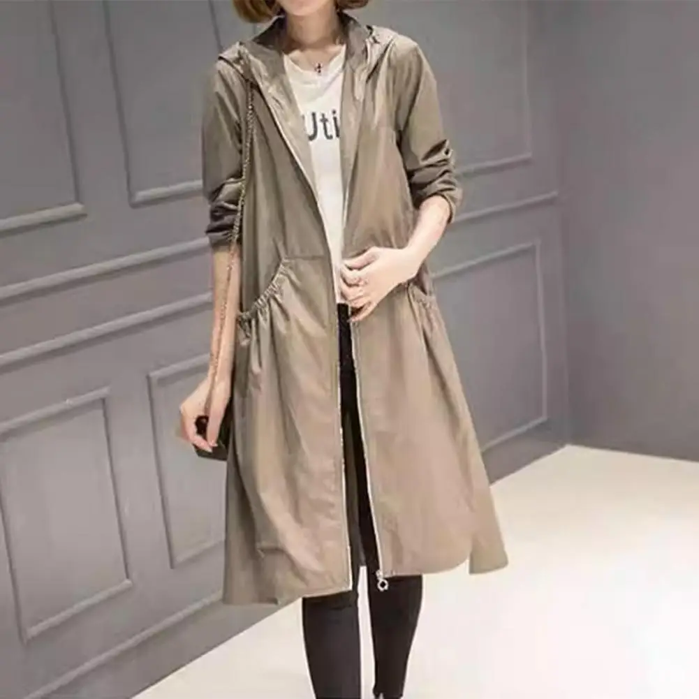 

Women Spring Hooded Mid-length Windbreaker Zipper Placket Long Sleeve Pockets Solid Color Thin Long Trench Coat Streetwear