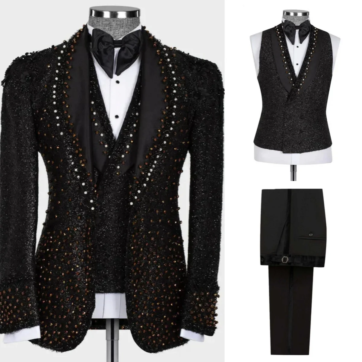 

Модные свадебные смокинги, 3 шт., куртка, жилет, брюки, мужской костюм из бисера, роскошный однобортный пальто для жениха с шалью и лацканами по индивидуальному заказу