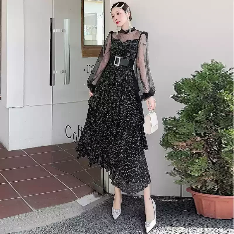 Francese elegante maglia trasparente Splicing colletto alla coreana manica lunga Dot cintura a vita alta Slim a-line multistrato abito lungo donna estate