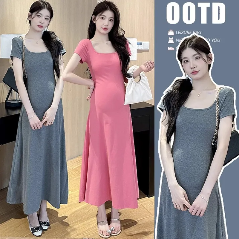 

Maternity Dress Summer 2025 New Arrival Stretch Slim-Fit Slimming French Square Neck Elegant Long Dress for Hot Moms Summer Wear
