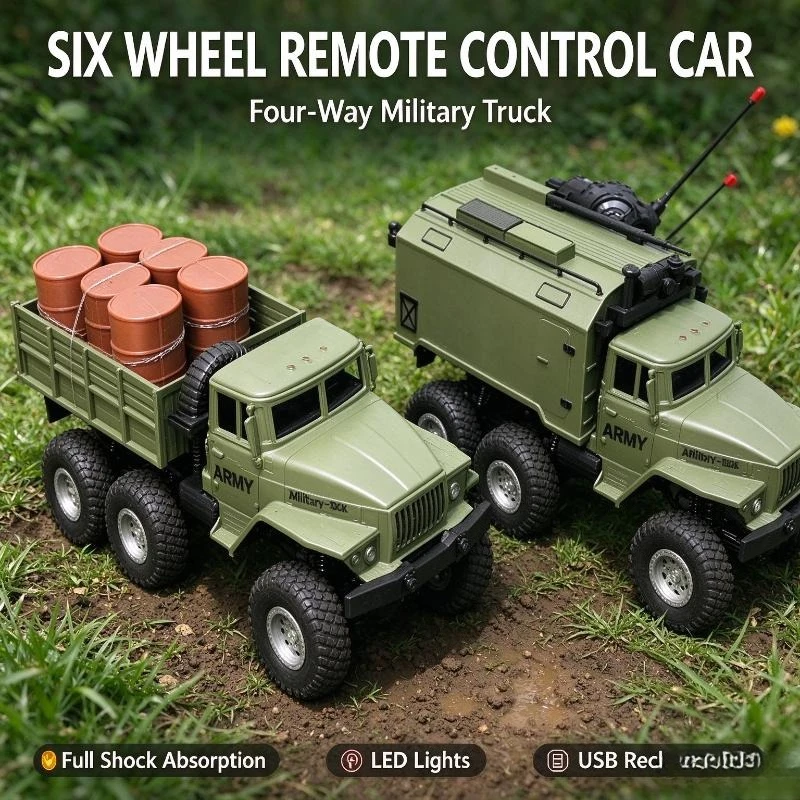 Four-Way Rc Military Truck Usb Powered With Led Lighting And Complete Shock Absorption For Backyard Simulation Game