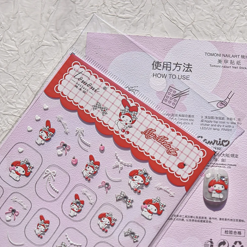 1PCS 5D Embossed Melody Sanrio Nail Stickers Kawaii Manicure Goods Lovely Girls DIY Portable Decals Japanese Style Stickers