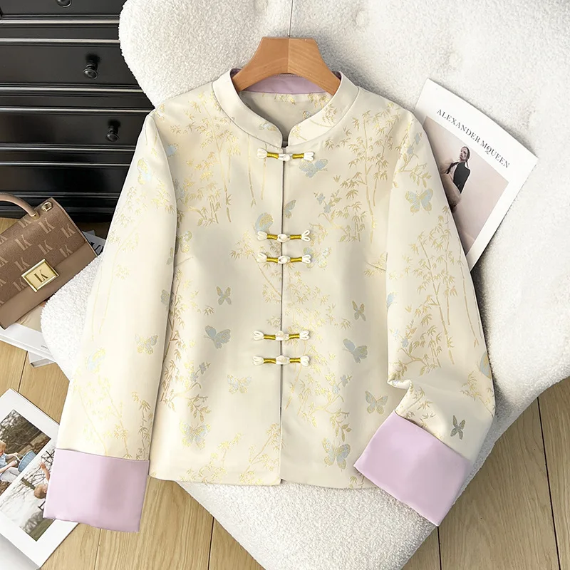 

Women's Modern Chinese Style Jacket Retro Frog Buttons Jacquard Elegant Top Spring Long Sleeve Coat 2025 Casual Cardigan Outwear
