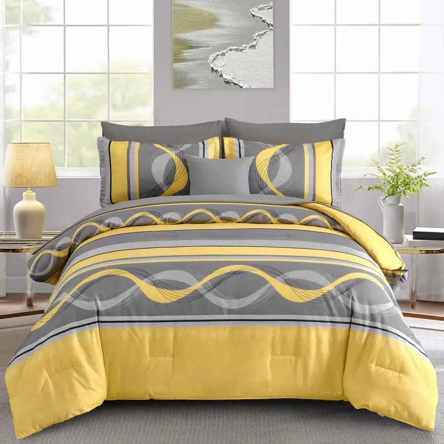 

Yellow Comforter Set Queen Size,8 Pieces Bed in a Bag Patchwork Striped Bedding Sets,Boho Soft Microfiber Bedding Set for All Se