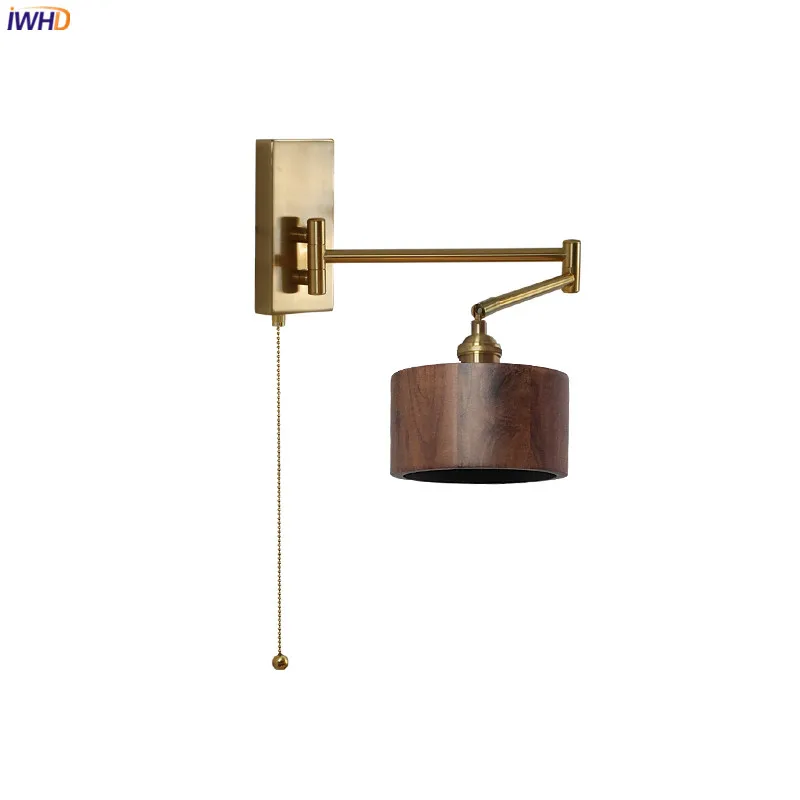 IWHD Pull Chain Switch LED Wall Light Fixtures Sconce Left Right Rotate UP And Down Bedroom Beside Lamp Wooden Modern Wandlamp