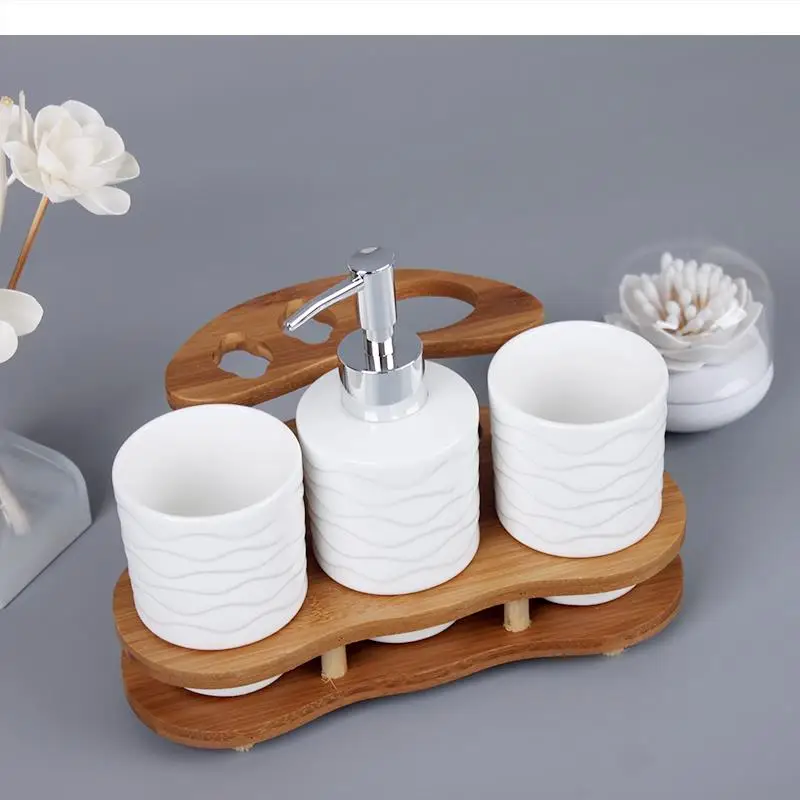 White Ceramic Bathroom 3-piece Set Wooden Frame Base Lotion Bottle Mouth Cup Toothbrush Holder Supplies Wash