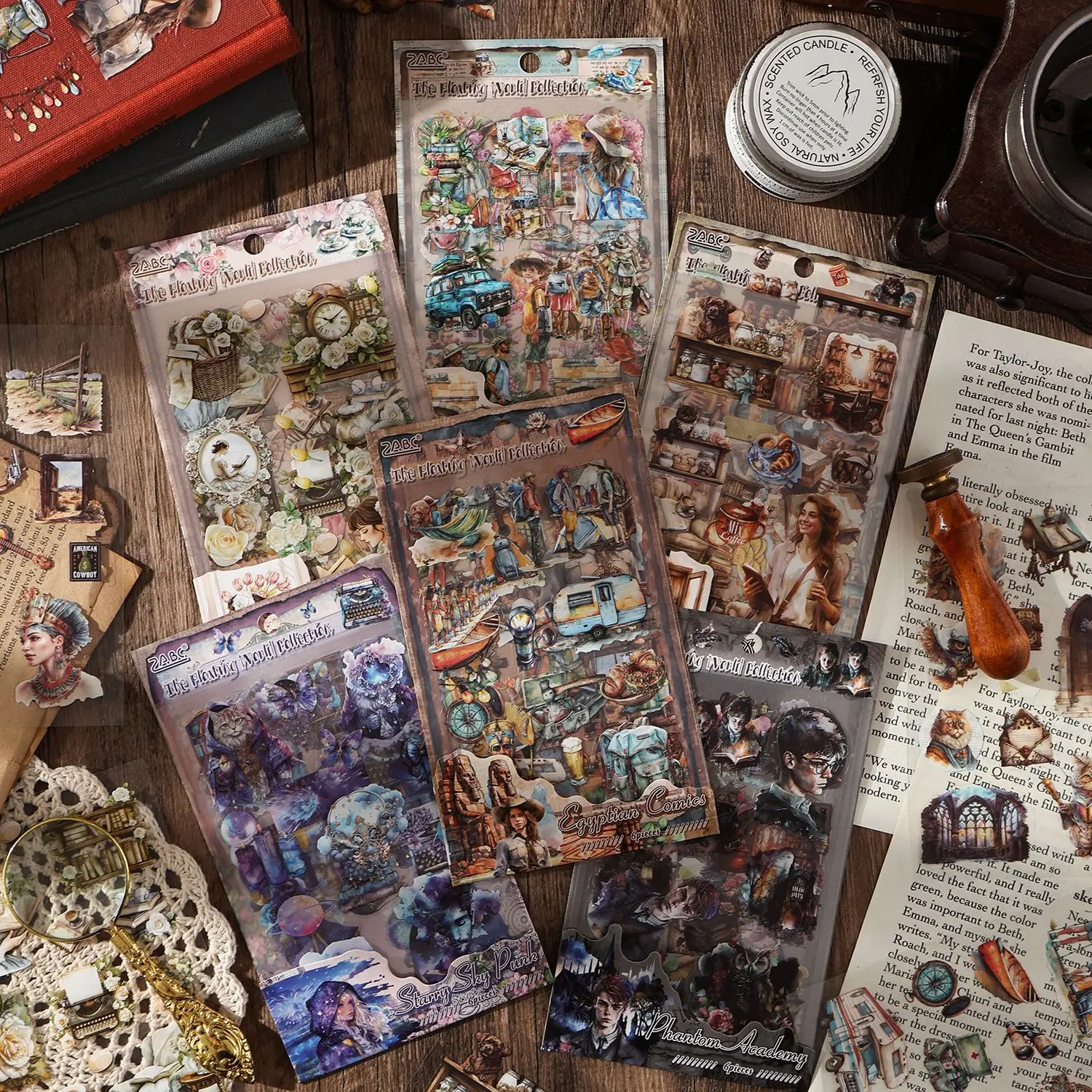6pcs/1lot Kawaii Scrapbook Stickers Floating World Collection Junk Journal Gold Planner Stationery Decorative