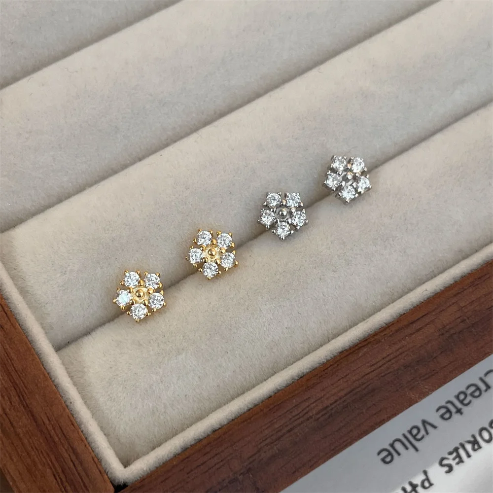 

S925 Sterling Silver Niche Forest Earrings, Korean Style, 18K Gold-plated Zircon 5-diamond Flower Fresh Jewelry