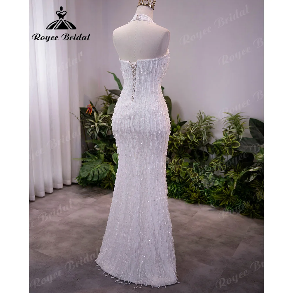 Halter Deep V Full Vertical Pearl Fringe Beaded Mermaid Wedding Dress Lace Up Back High Slit Luxury Reception Bridal Gown Custom
