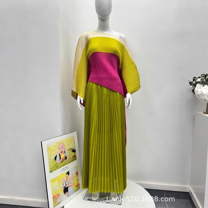 الشرق الأوسط جديد مياكي فستان مطوي المرأة مزاجه غير النظامية راجلان كم علوي أنيق Colorblocking تمتد نصف تنورة مجموعة #3