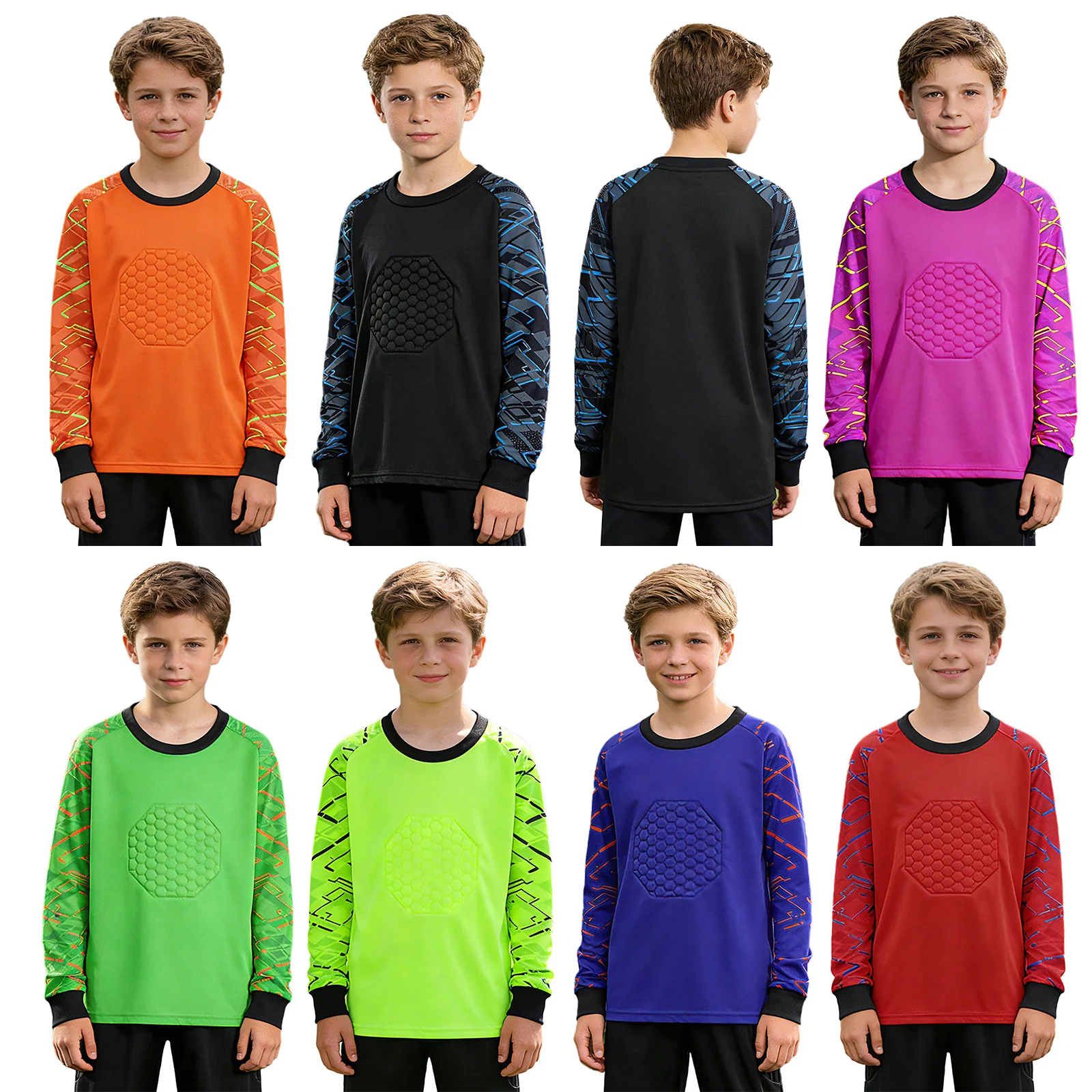 

Unsiex Children Football Goalkeeper Tops Kids Boys Girls Soccer Match Geometric Print Long Sleeves Protective Jersey Sportswear