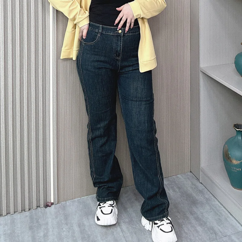 Autumn Straight Jeans Plus Size Women Loose Slim Fashion Stretched Denim Side Splicing Cigarette Long Pants 8808