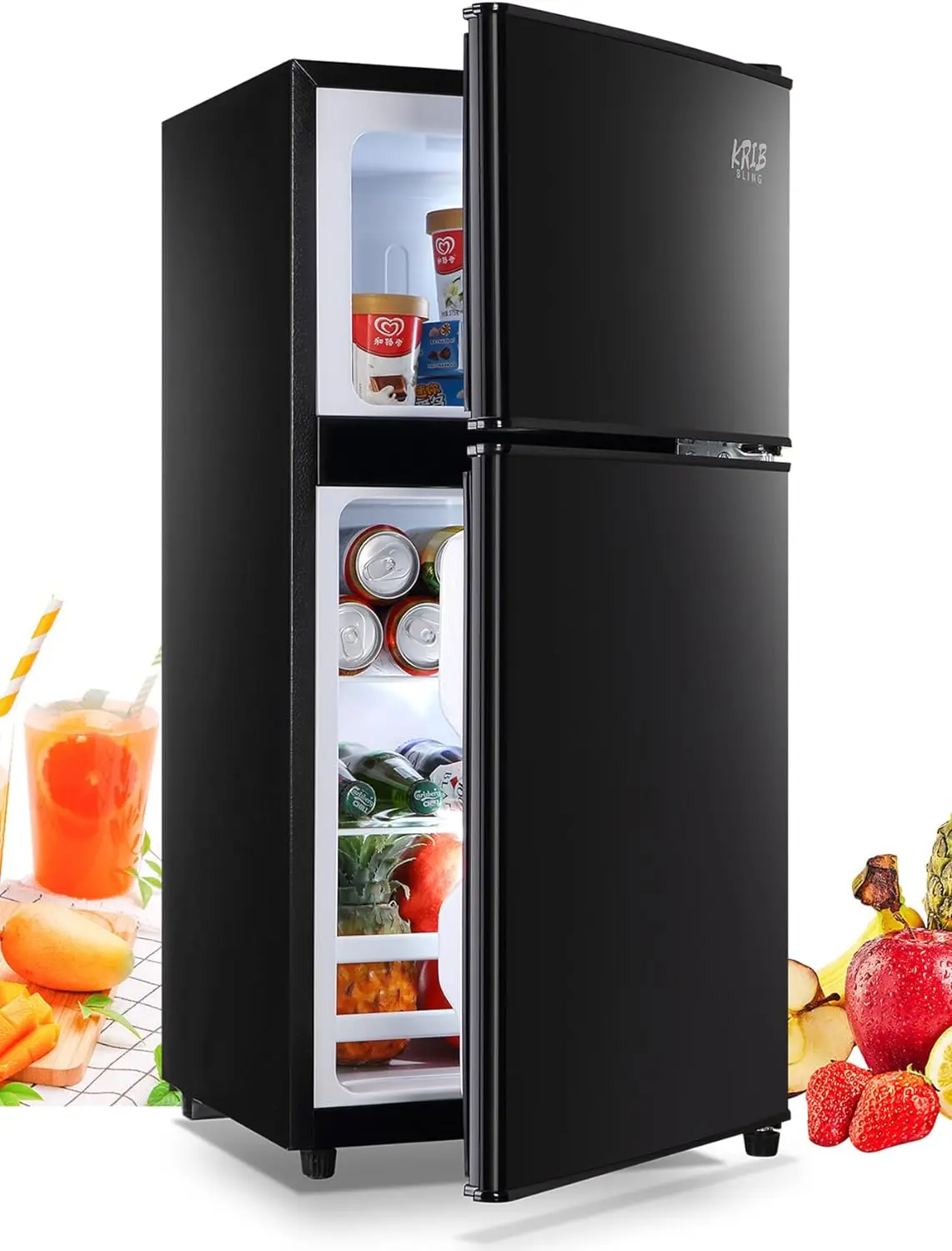 Mini-Kühlschrank mit Gefrierfach, 3,5 cu.ft, kleiner Kühlschrank, energiesparend, geräuscharm, Doppeltür, kompakter Kühlschrank für das Büro