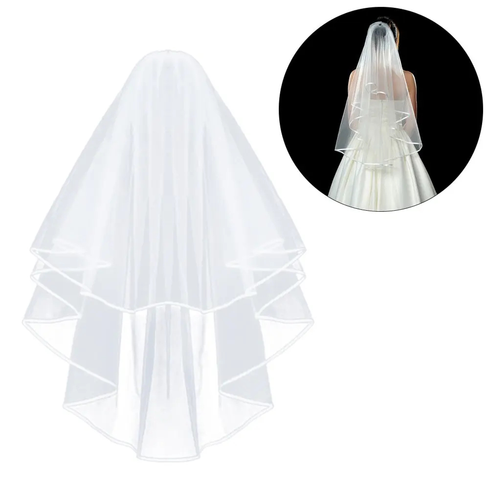 White Wedding Veil,2 Tier Ribbon Edge Center Cascade Bridal Veil with Comb for Bachelorette Party