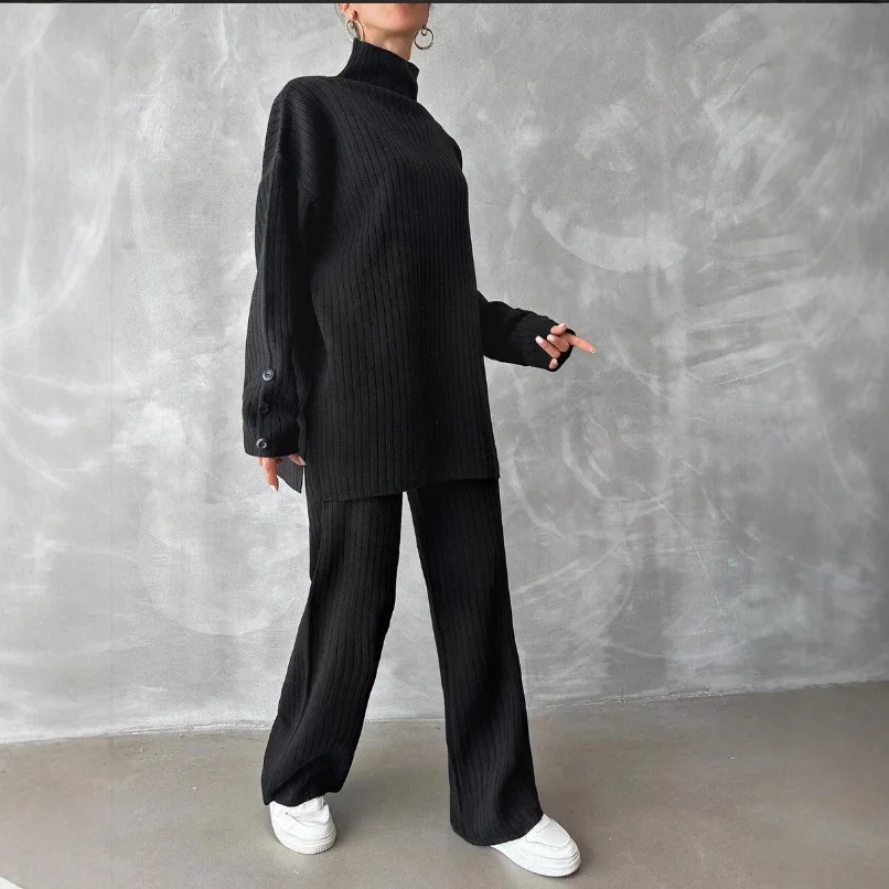 الخريف الشتاء 2 قطع النساء مجموعات محبوك رياضية 2025 جديد الياقة المدورة البلوز القمم واسعة الساق الركض بانت الدعاوى ملابس غير رسمية