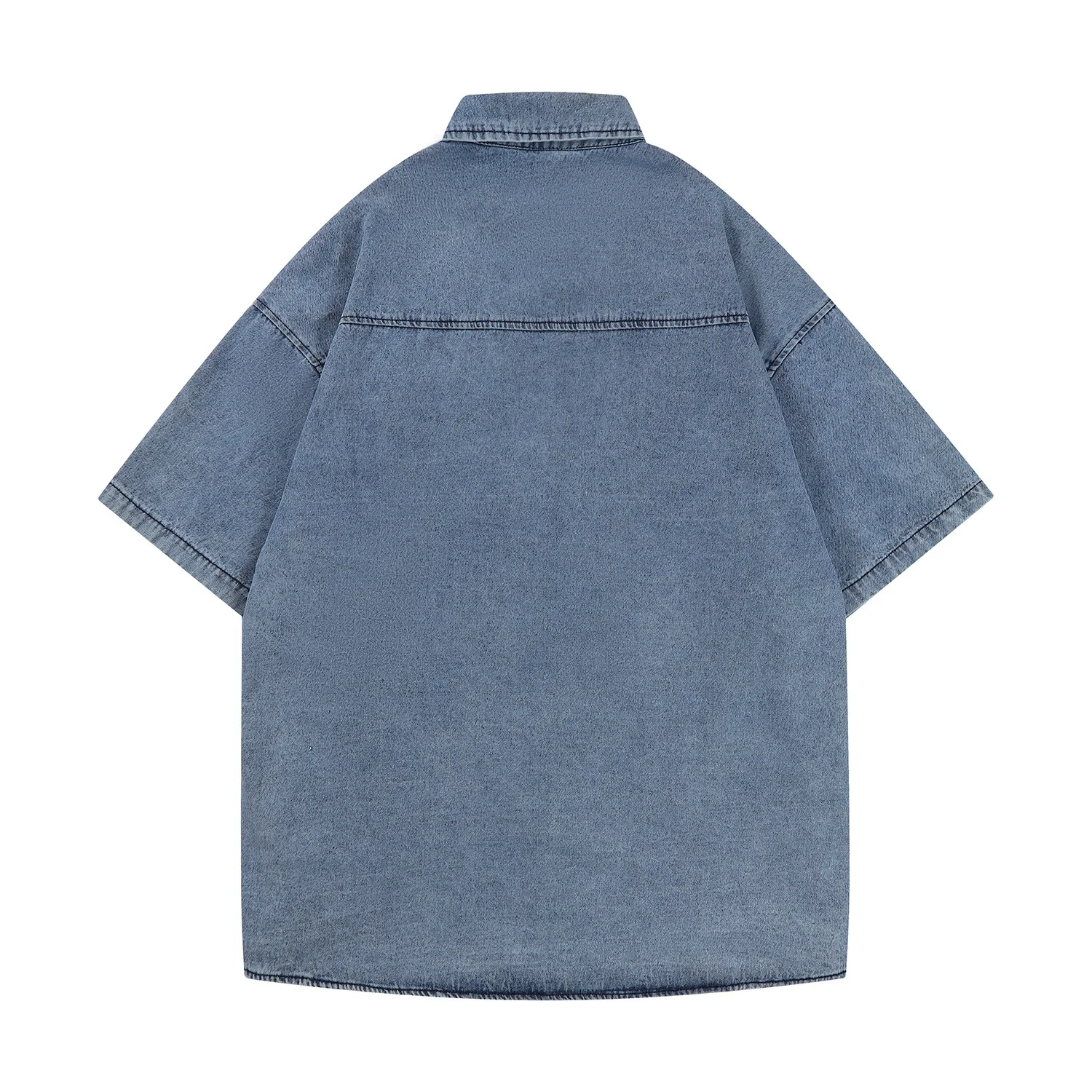 Cartoon Embroidery Short Sleeve Shirts Mens Summer Retro Casual Loose Lapel Denim Shirts Men Washed Distressed Couple Top Jacket