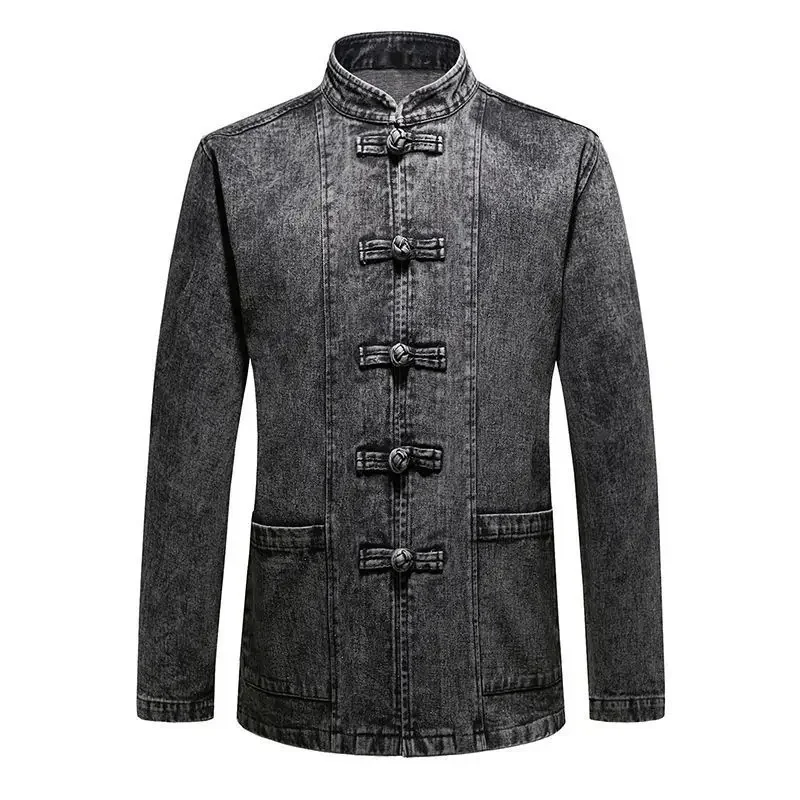 Tang suit men's denim jacket spring and autumn retro clothing Hanfu Zhongshan long sleeve