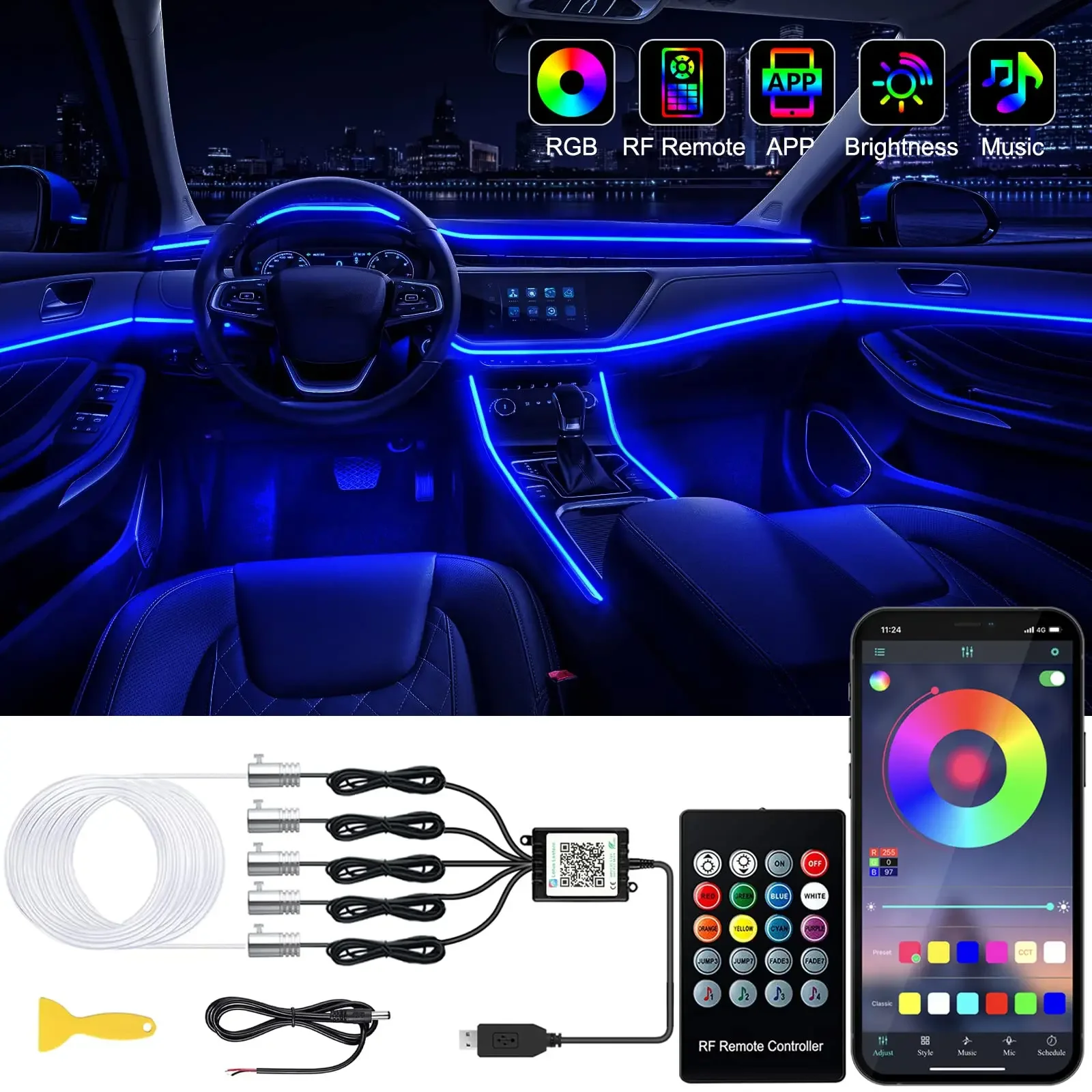 

Car Interior Ambient RGB LED Light Strip 6 in 1 Flexible Fiber Optic 8M Lighting Kit DIY Neon Lamp App Remote Control Decorative