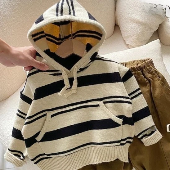 

Осенние вязаные толстовки для мальчиков, новинка 2023 года, корейская мода, повседневный полосатый вязаный свитер с длинными рукавами, детская весенняя одежда