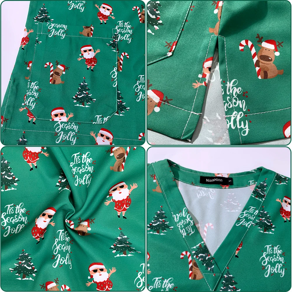 High Quality Elastic Workwear Unisex Christmas Print Nurse Uniform Shirt Short Sleeve 2023 Scrub Top VNeck Doctor