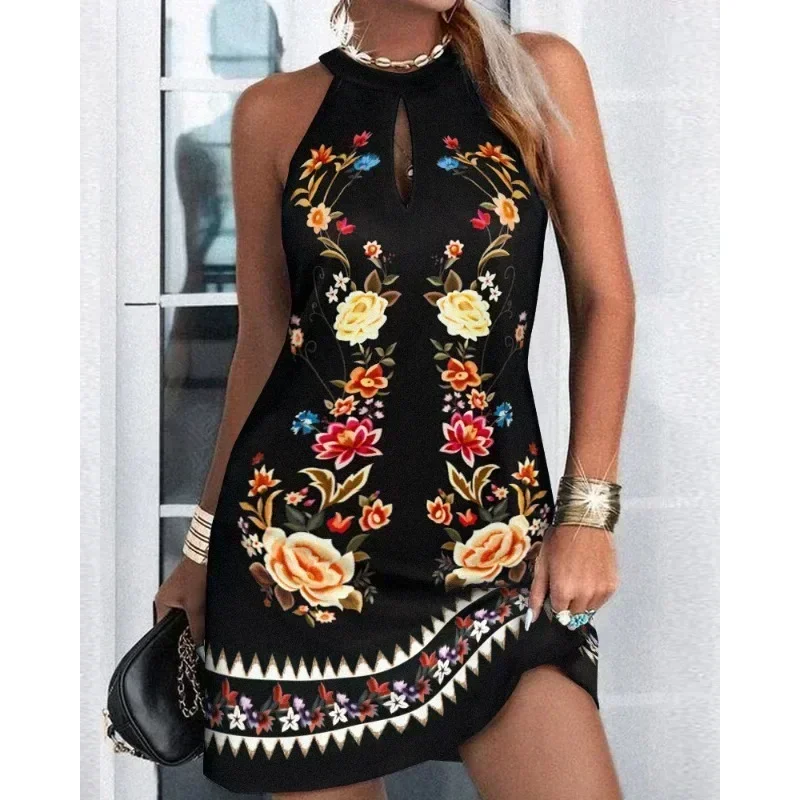 Women's Summer Casual Dress Sleeveless Hanging Neck Fashion Printed Dress Commuter Holiday Party Women's Dress