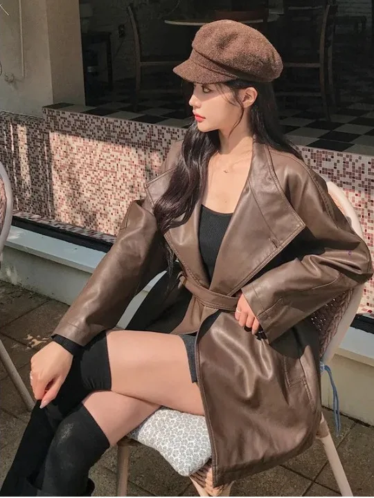 Slimming Effect Korean Design Sle Women's Windbreaker Jaet Vintage Hong Kong Sle High Quali Belted Mid-Length Leather...
