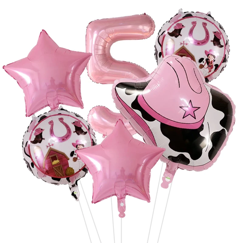 6pcs Farm Animal Cow Theme 40inch Black White Spot Number Pink Star Foil Balloons 1-9th Baby Boy Birthday Party Decors Supply