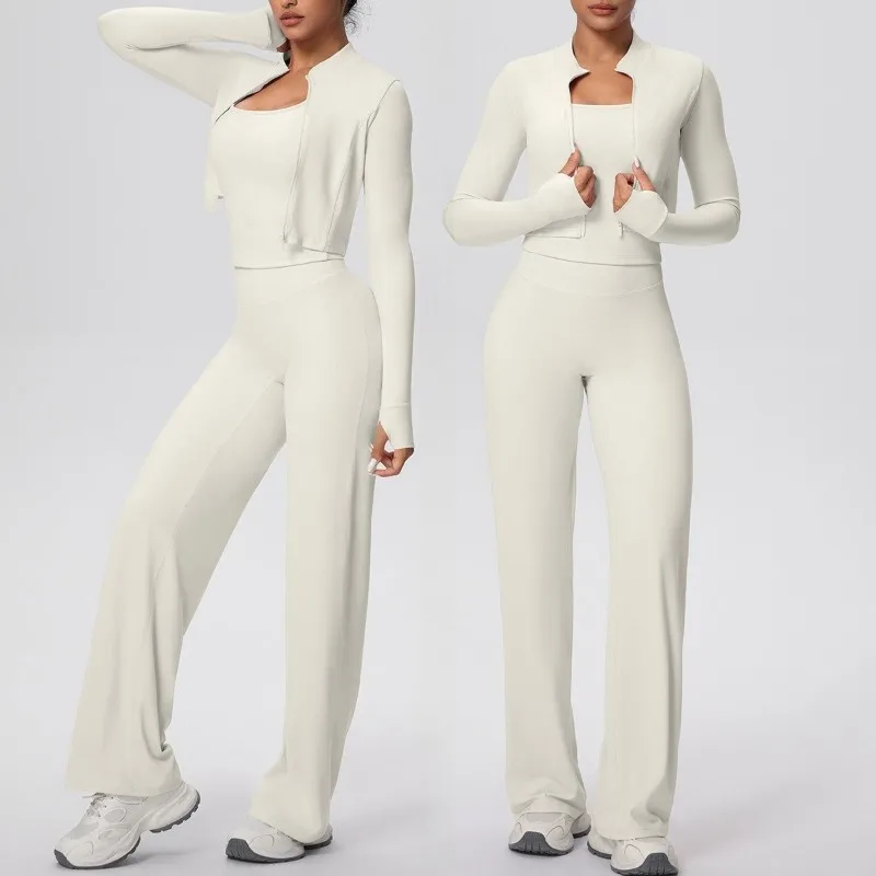 

Women's Tight Yoga Set Solid Color Quick Drying I-shaped Vest Wide Leg Three Piece Set Fitness Running Sports Set