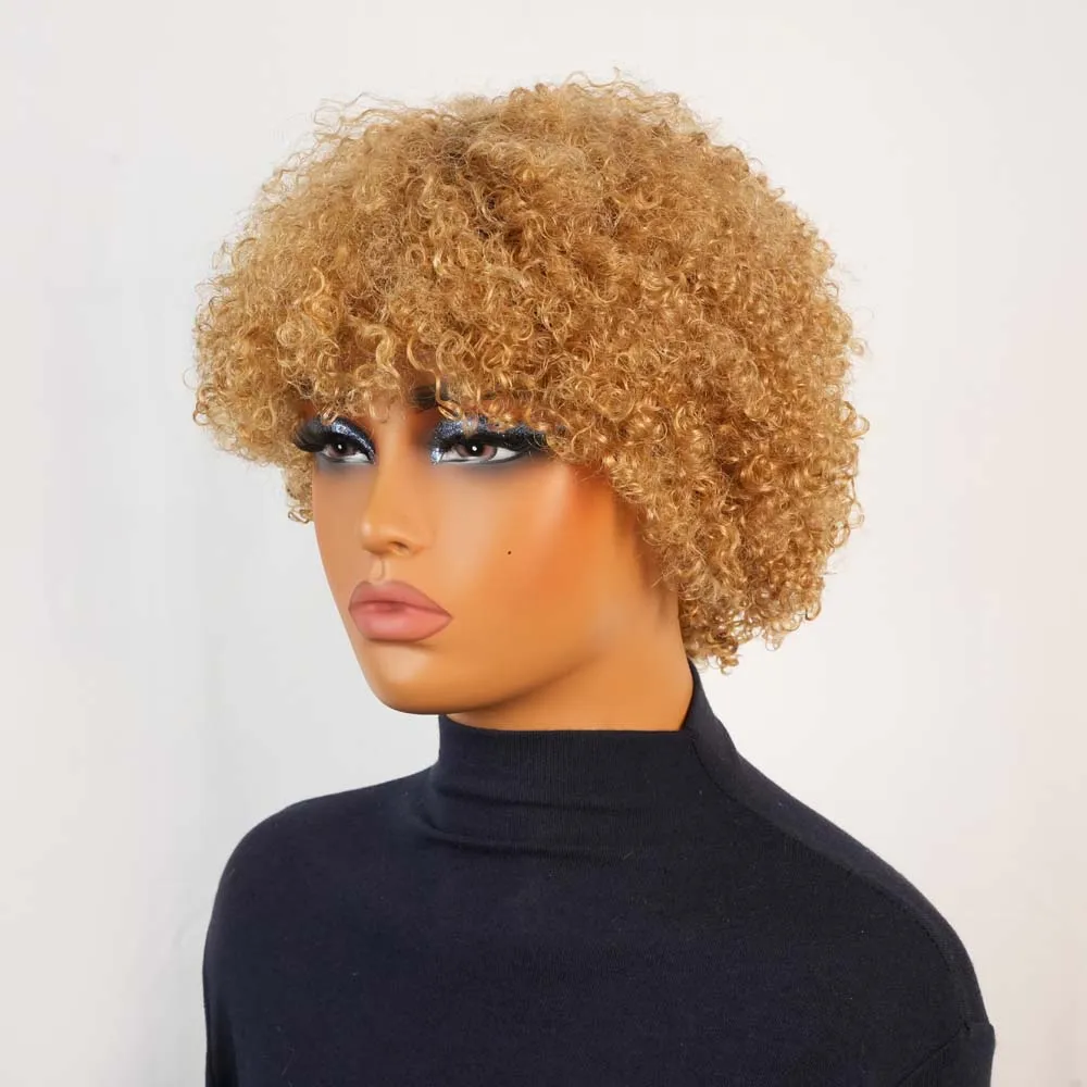 Kurze Pixie Afro verworrene lockige Perücke warme braune Bob-Perücke mit Pony brasilianische maschinell hergestellte Remy-Echthaar-Perücken Jerry Curly für Frauen