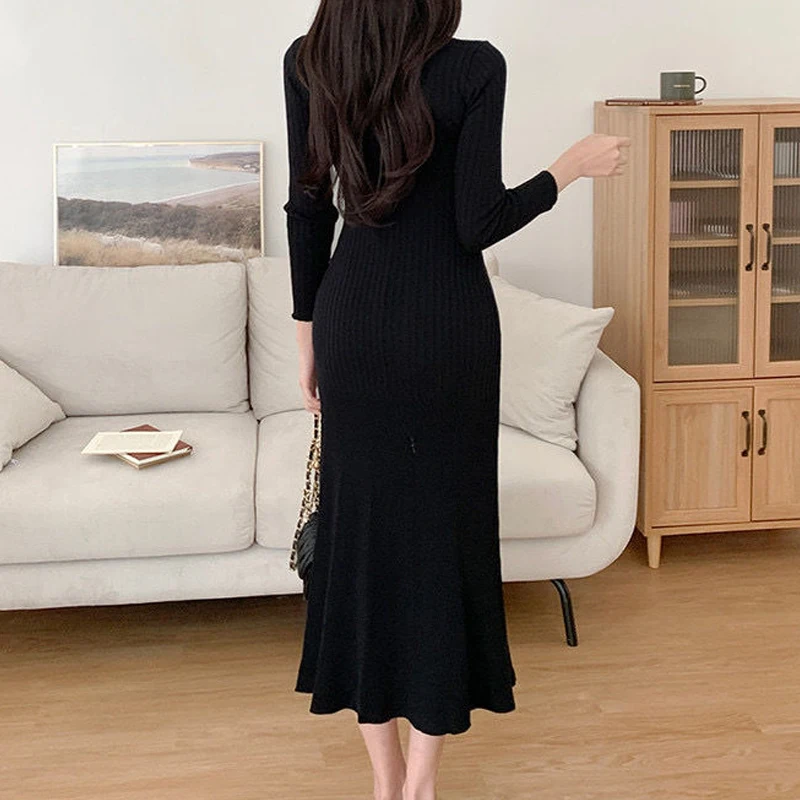 2024 primavera autunno moda coreana Sexy Split elegante aderente abiti lavorati a maglia per le donne Chic scollo a V manica lunga bottone Midi Dress