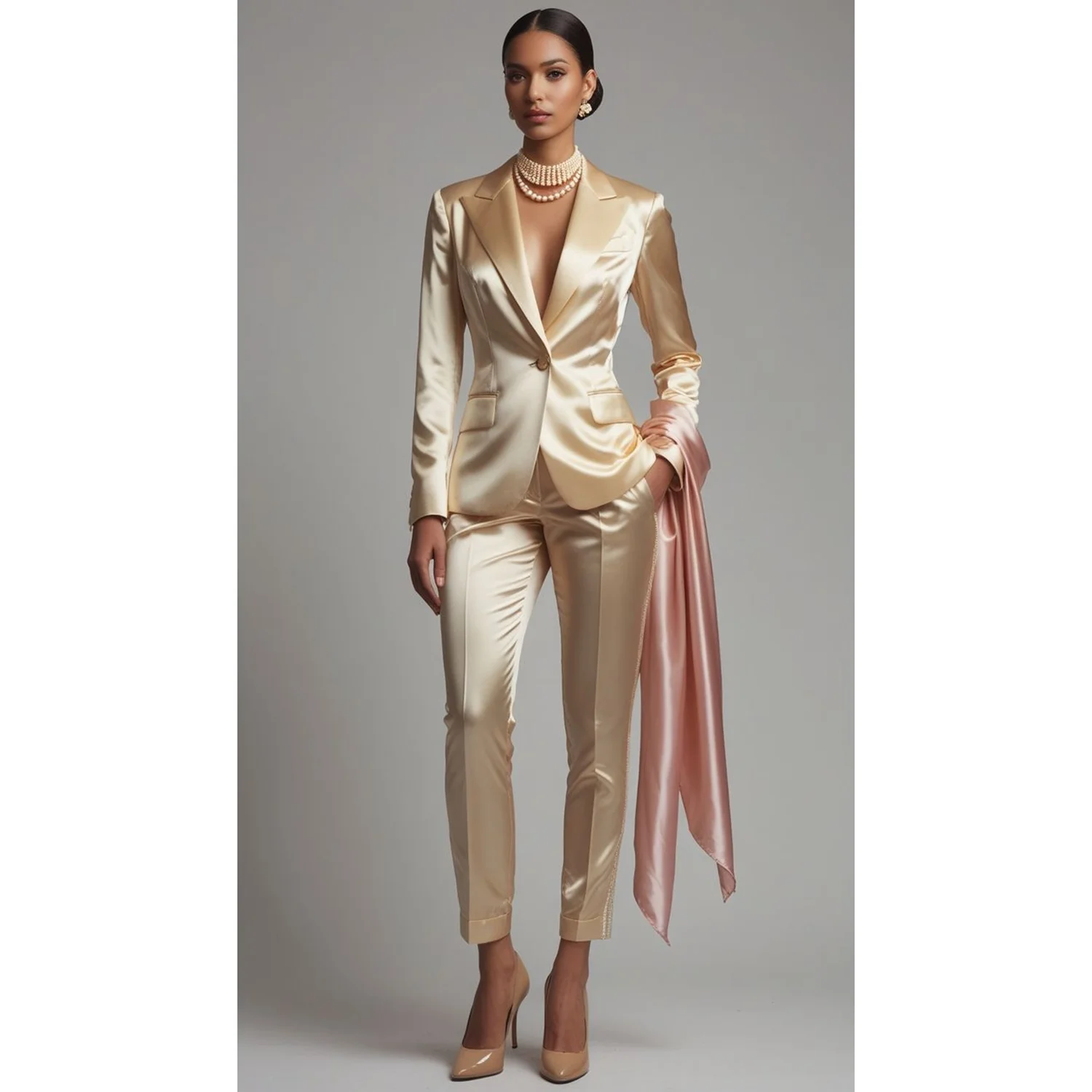 Allingentle Acetate Satin Women's Suit Business Pantsuit 2 Piece Suit Elegant Single Button Blazer for Casual Office Customize