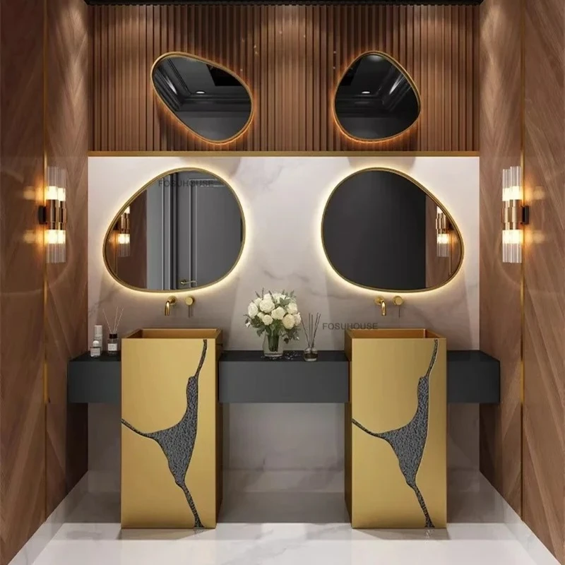 A European Hotel Pedestal Basin Water Ripple Stainless Steel Bathroom Sinks Home Garden Art Washbasin Luxury Bathroom Furn