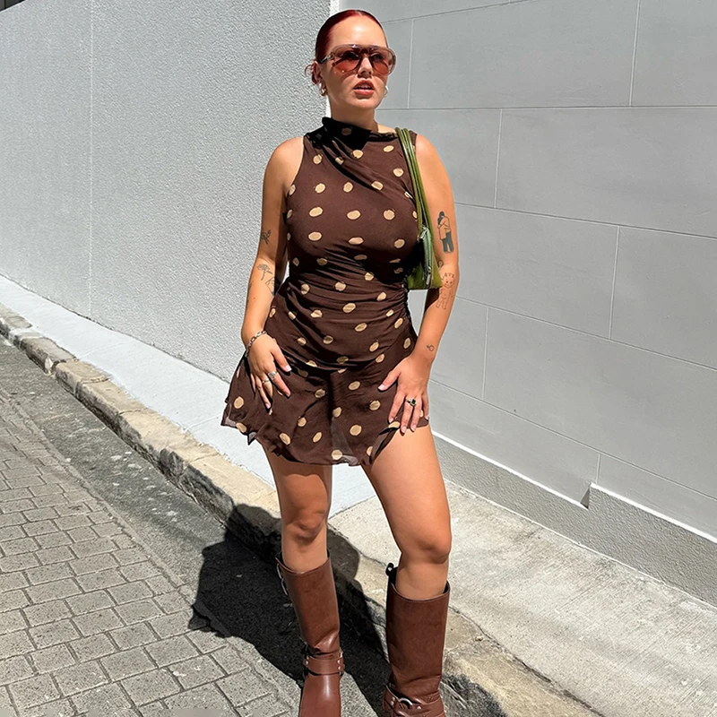

Tornova Polka Dot Printed Chiffon Dress Women's Sleeveless Pleated Slim Mini Dress Elegant Summer Fashion Irregular Lady Outfits