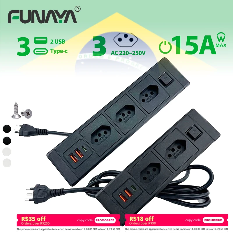 

BR Built-in Desktop Sockets with USB Type-c 15A Power Electrical Extension Brazilian Socket Recessed Furniture Outlets 110 250V