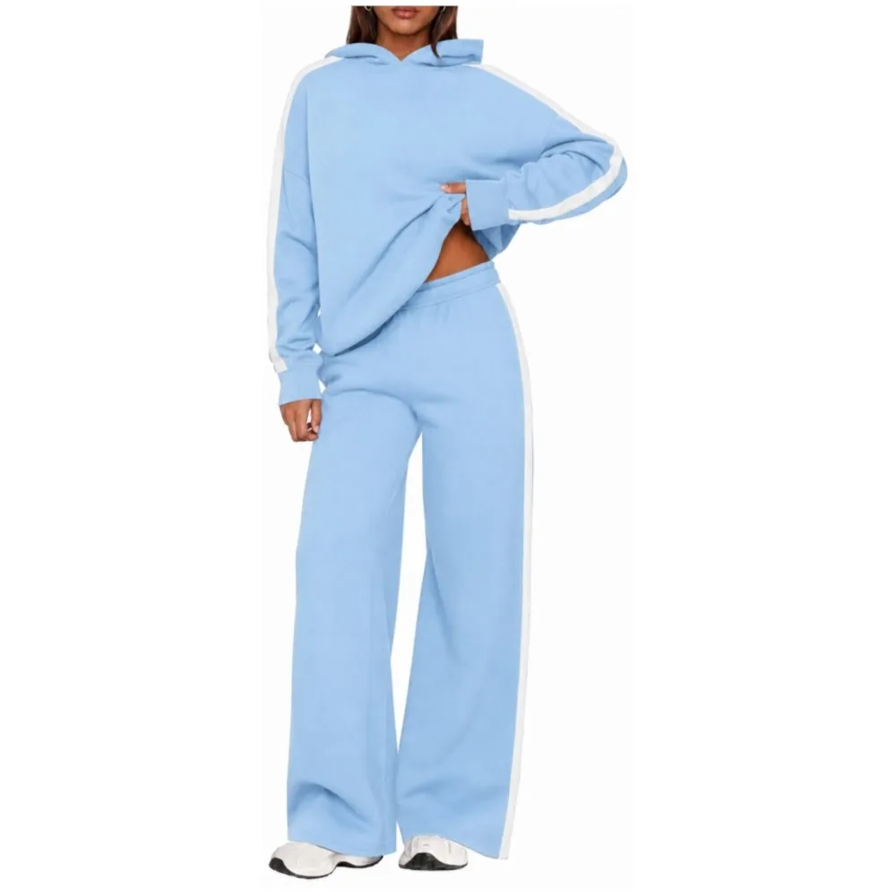 Autumn Winter Fashion White Edge Striped Hooded Sweatshirt Women's Suit Casual Loose Wide-leg Sports Trousers 2-piece Set Female