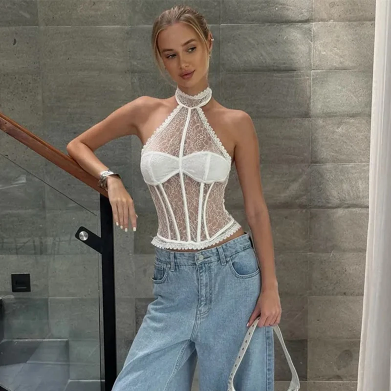 

TARUXY Sexy Lace Corset Top Women Fashion Fishbone Halter-Neck Perspective Openwork Slim Vest 2026 Summer Party Club Tops Female