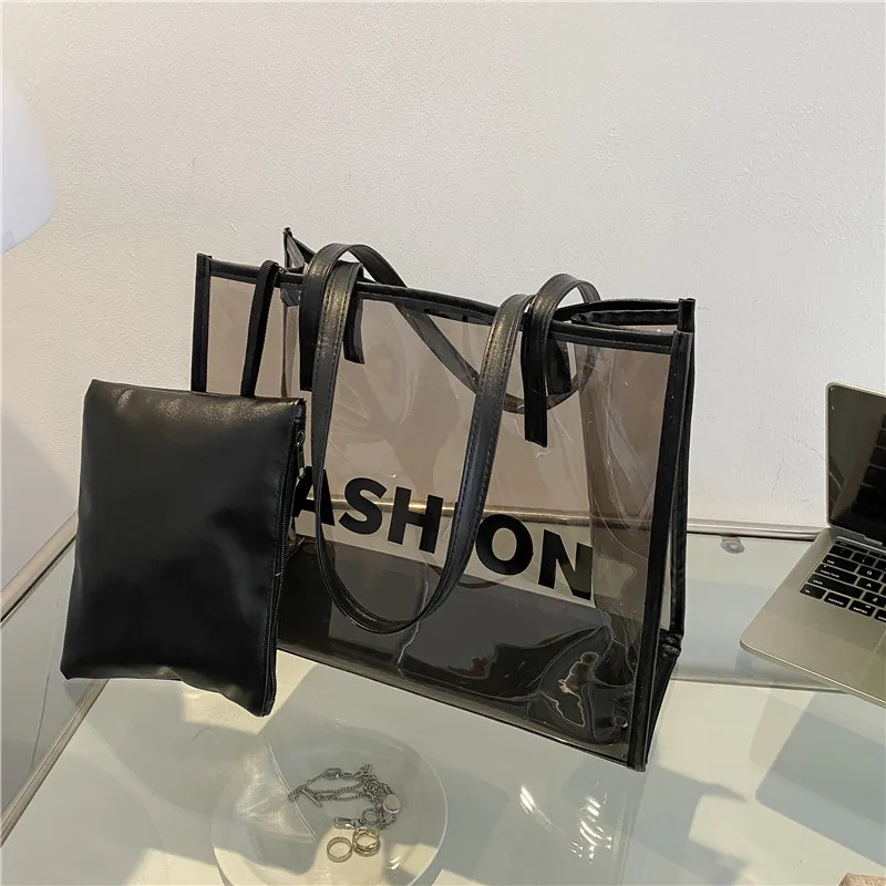 Nieuwe Grote Capaciteit Dames Brief Print Tote Bag Pvc Vrouwen Handtas Schoudertassen Mode Transparante Strand Shopper Bag