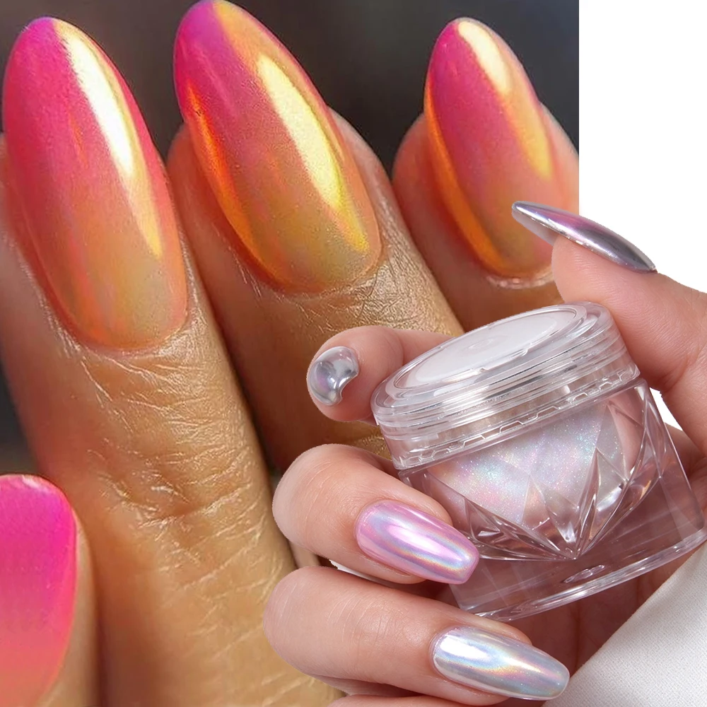 1jar Peach-Pink Mermaid Aurora Nail Chrome Powder Iridescent Gilded Pink Nails Rubbing Dust Shimmer Shell Manicure Chrome Powder