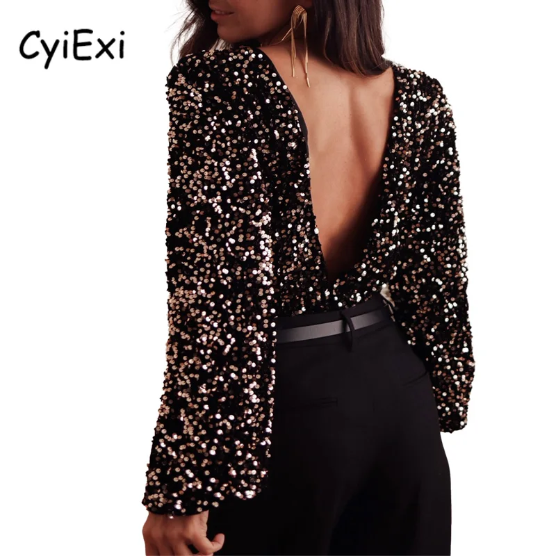 CyiExi Black Sexy Deep V Back Sequin Bodysuit Women Puff Sleeve Backless Bodycon Bodysuits Ladies Night Club Wear Body Tops S-XL